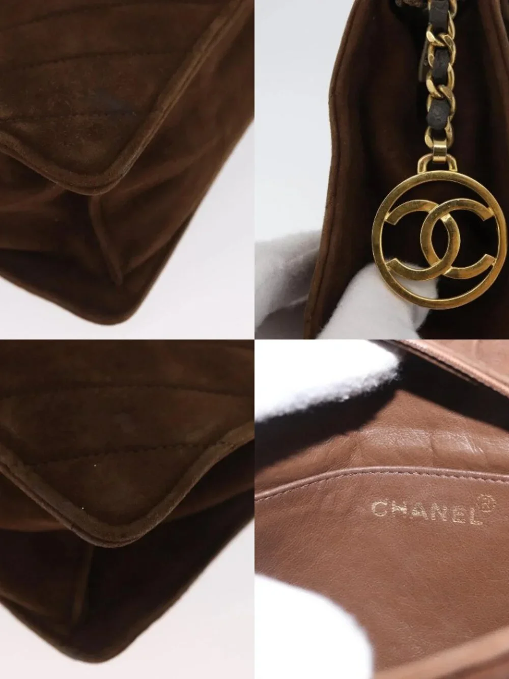 CHANEL V Stitched Chain Shoulder Bag Suede Brown Gold CC Auth 173313V